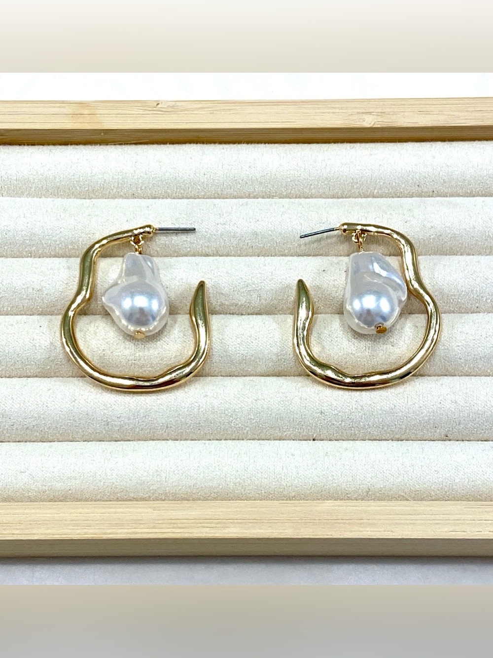 Modernist Abstract Sculptural Gold Tone Faux Baroque Pearl Open Hoop Earrings